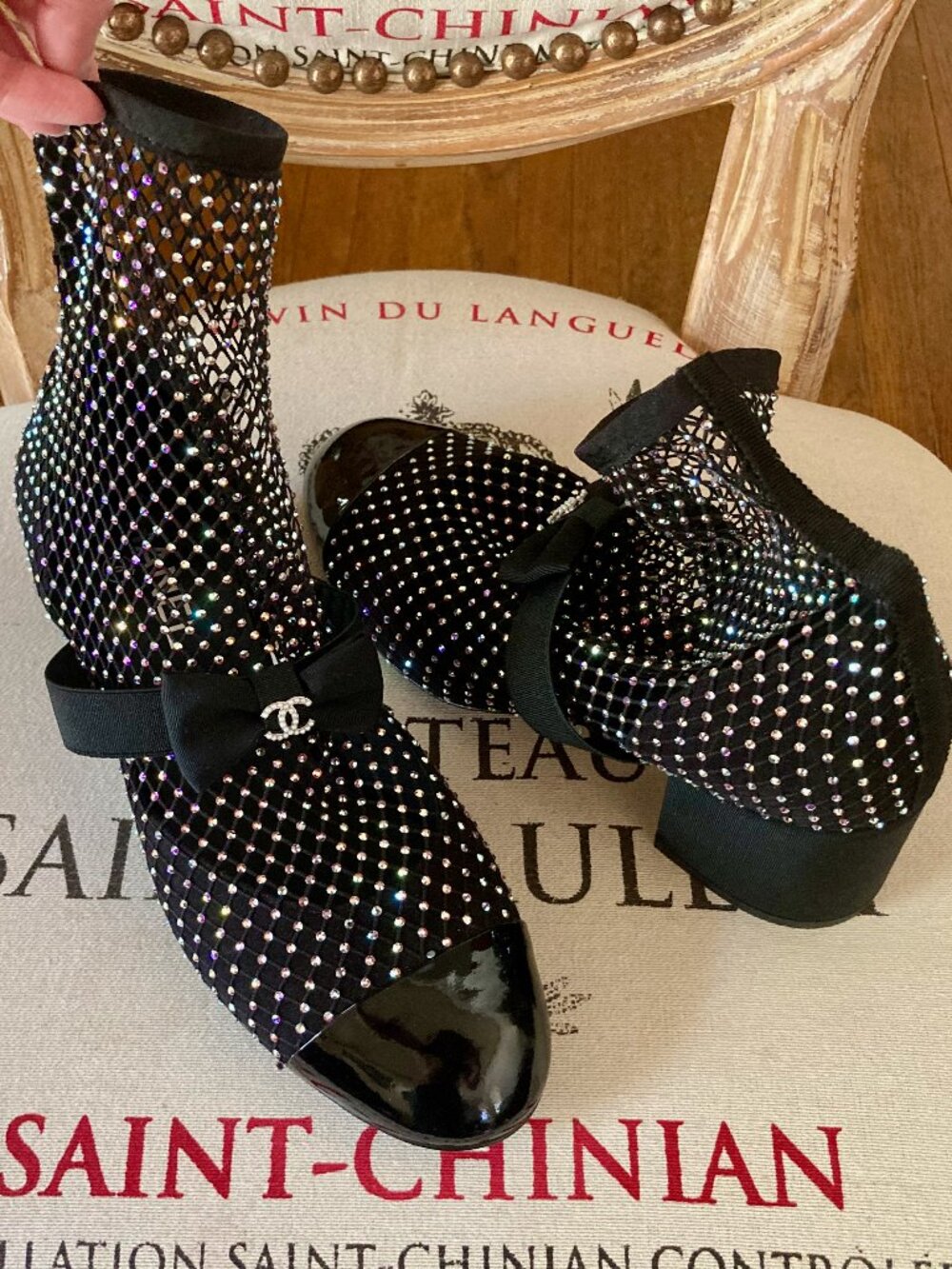 CHANEL 23S Strasse fishnet crystal d'orsay pumps 38 7 7.5